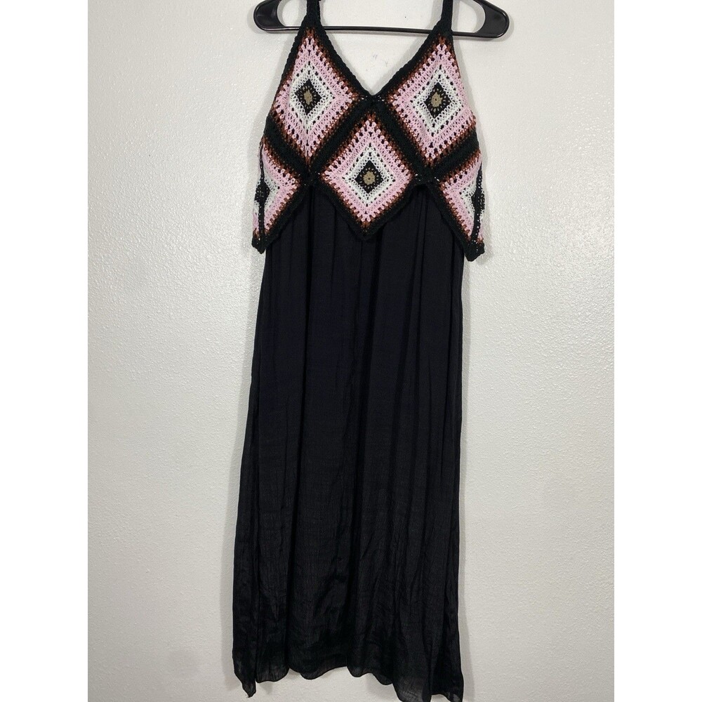 REBELLION Crochet Geometric Maxi Dress Sleeveless Black Pink Size M - Picture 8 of 15
